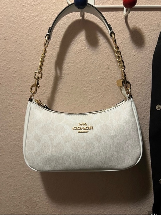 Coach Handbags - Coach White Signature Canvas Shoulder Bag with Gold Chain Strap